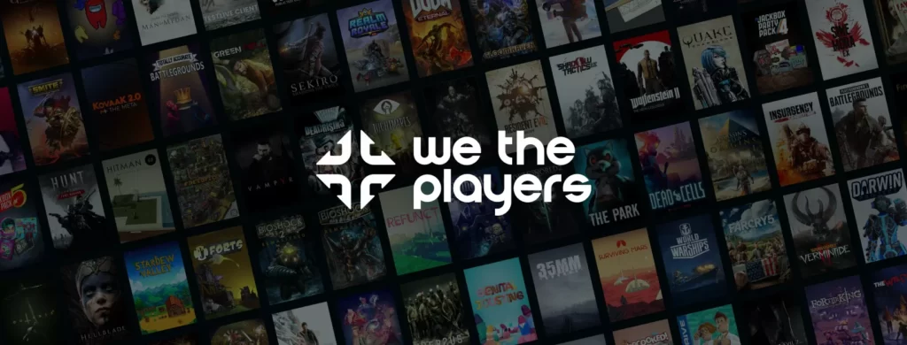 WeThePlayers logo on a tiled background with countless video game covers.